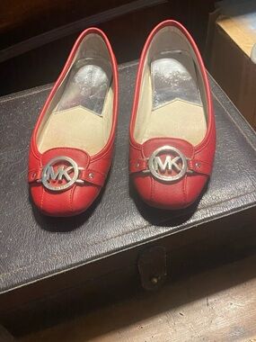 Michael Kors Red Leather MK Logo Ballet Flats, Size 8M